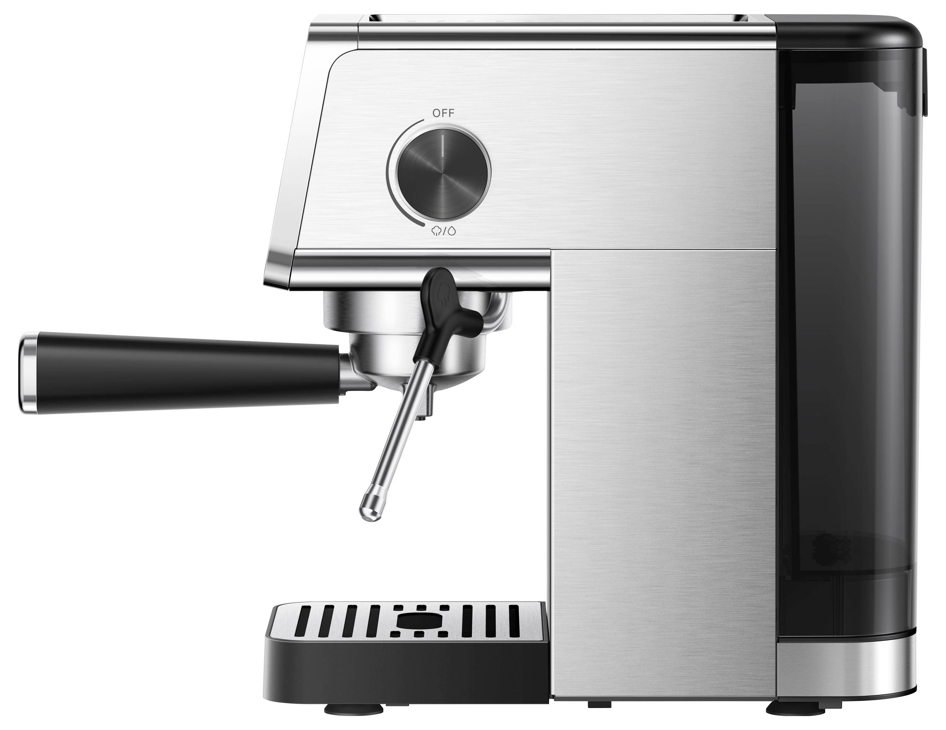 Nerezový espressovací přístroj s držákem filtrů a sbírací mističkou, zobrazený z bočního pohledu na bílém pozadí.