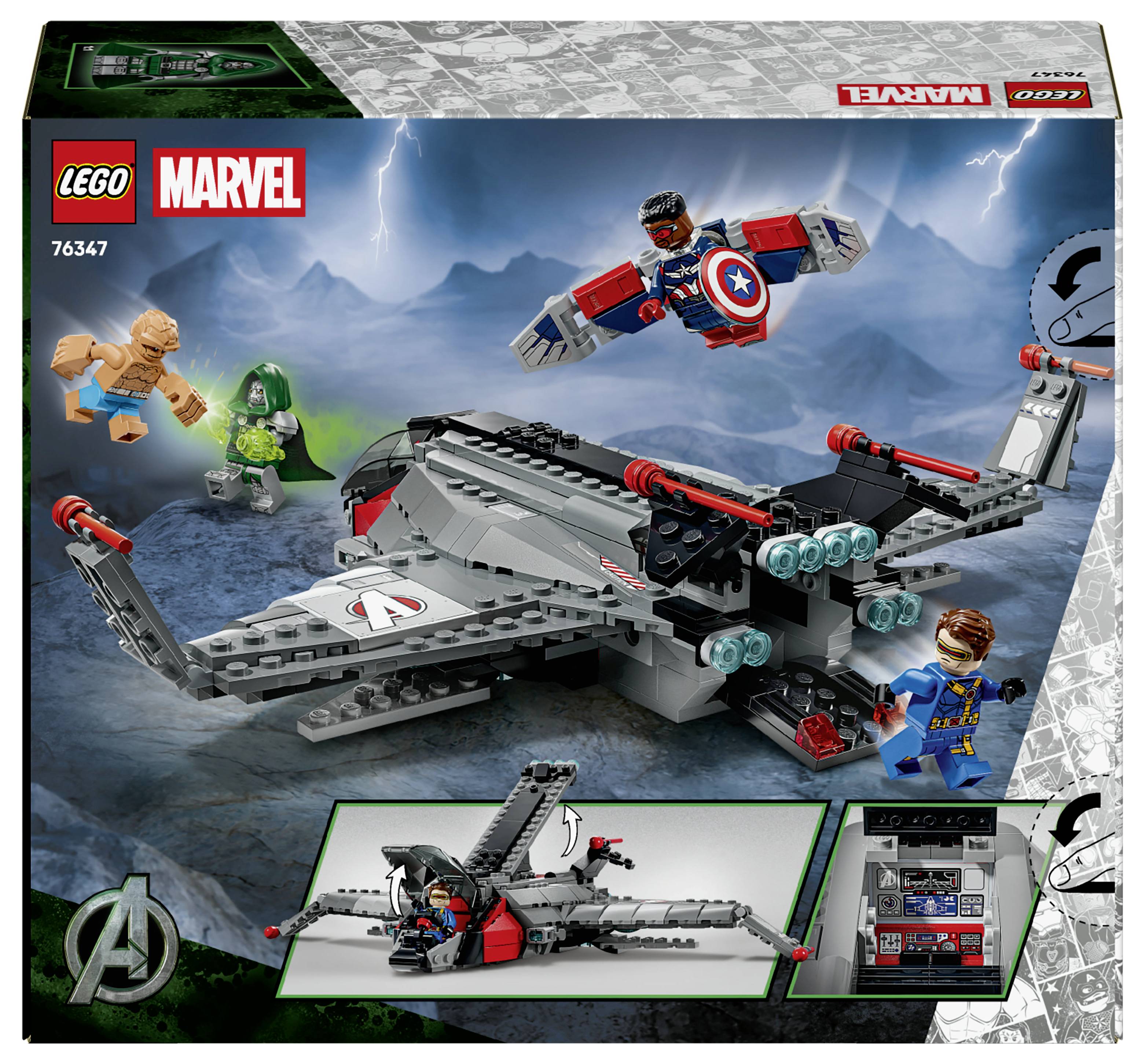 LEGO Marvel Avengers sada Quinjets - obal zobrazující šedý letoun s Kapitánem Amerikou, Sokolem, Wolverinem a pilotem na pozadí bouřlivého horského nebe.