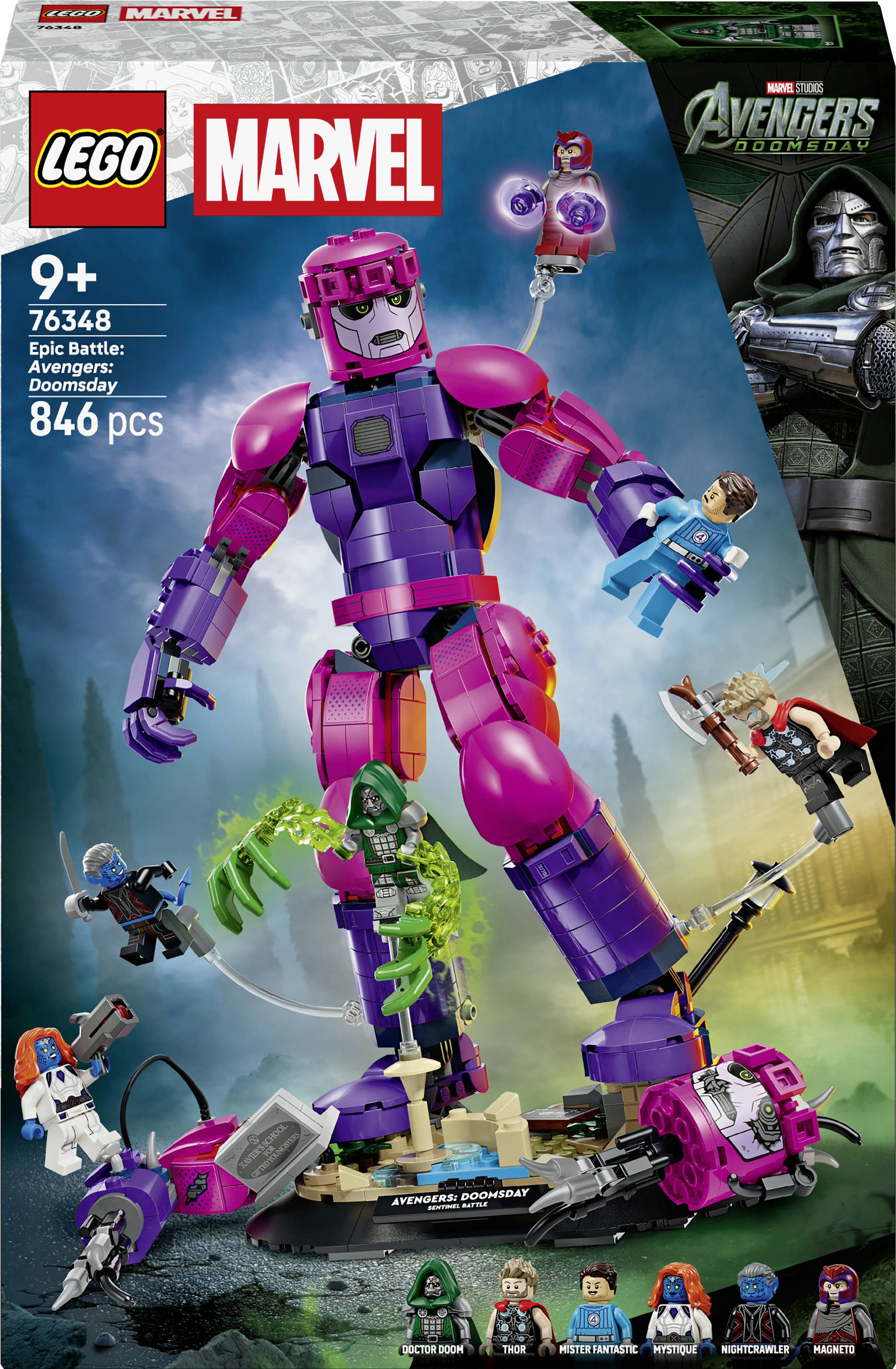 Krabice LEGO Marvel Avengers s obálkou s obrovskou fialovou figurkou Ultrona bojující proti více miniaturám; 846 kusů, věk 9+