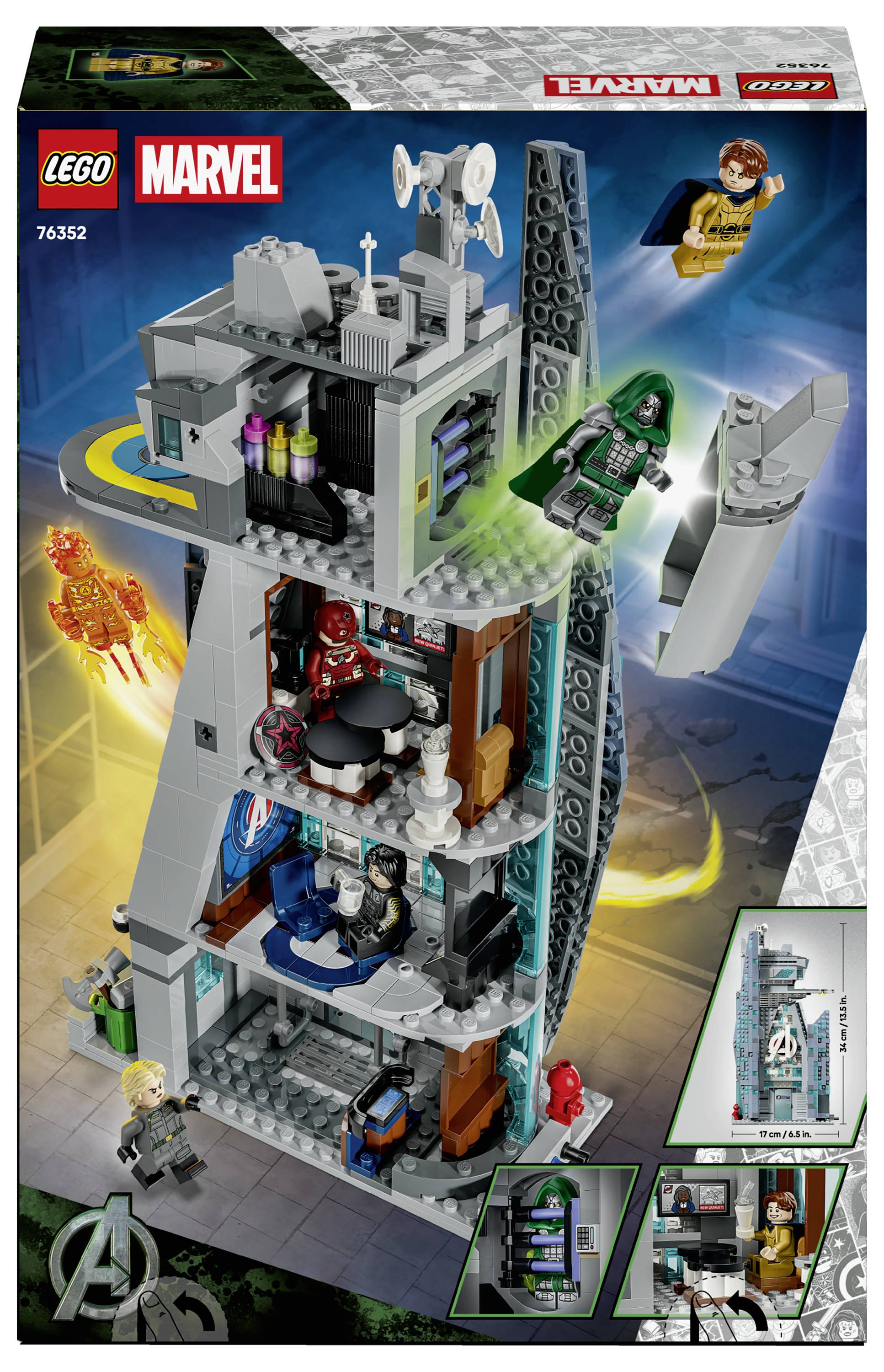 LEGO Marvel sada 76352 obal zobrazující vícepodlažní věž Avengers s figurkami a akcčními scénami, včetně Iron Mana, Kapitána Ameriky a Hulka.