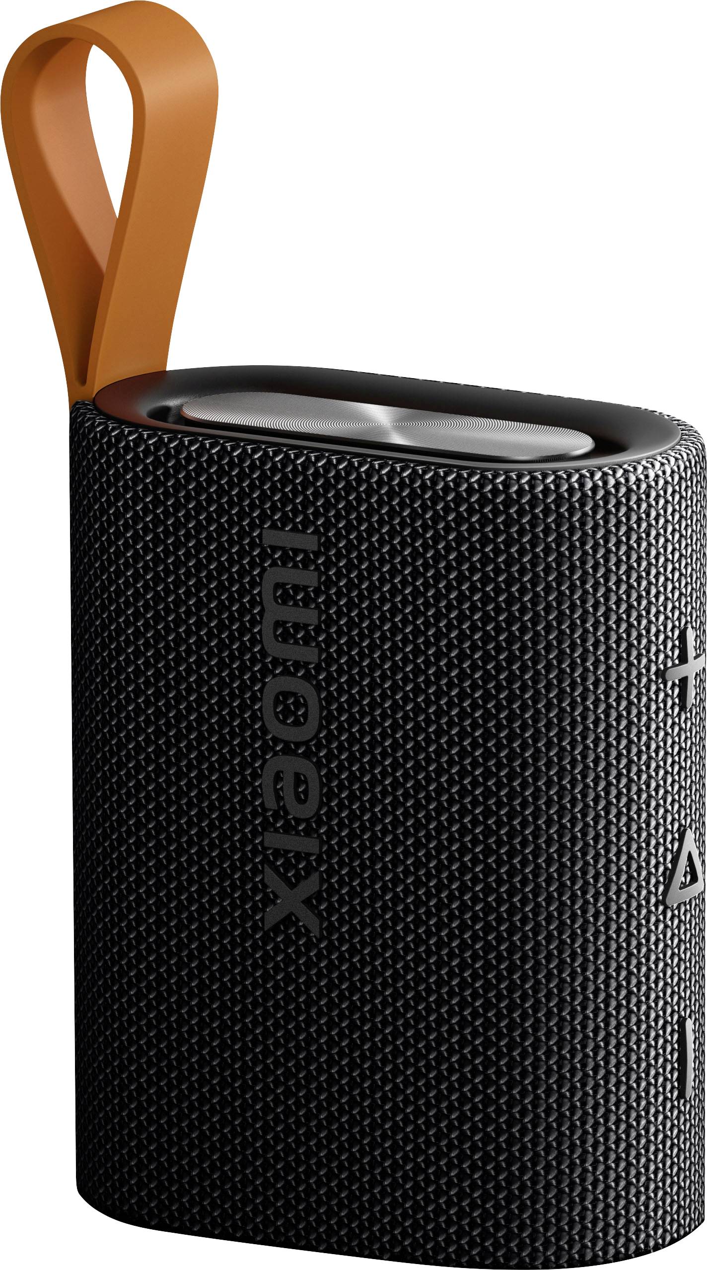 Černý válcový přenosný Bluetooth reproduktor Xiaomi s oranžovou závěsnou smyčkou a ovládacími tlačítky na horní straně, zobrazen na bílém pozadí.