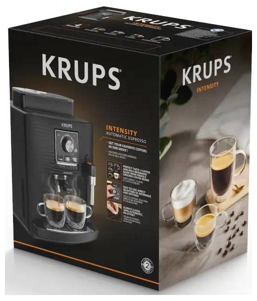 Krabicové balení pro automatický espresso prístroj KRUPS Intensity, které zobrazuje přístroj na přípravu kávy dávkující espresso do dvou šálků a značku produktu na černé krabici.