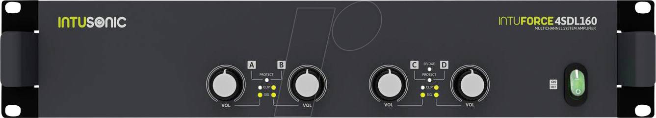 Přední panel zvukového zařízení INTUSONIC INTUFORCE 4SDL160 se čtyřmi ovládacími knoflíky, stavovými LED diodami a zeleným spínačem napájení.