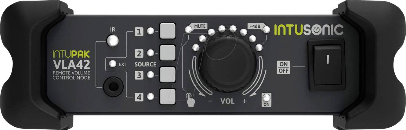 Černý dálkový ovládací panel hlasitosti Intusonic INTUPAK VL42 s tlačítky zdroje, ztlumením, ovladačem hlasitosti a vypínačem.