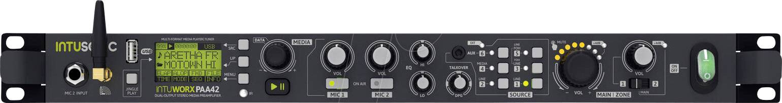Přední panel stojného audio procesoru JOTUS s více tlačítky, přepínači, LED indikátory a vypínačem napájení.