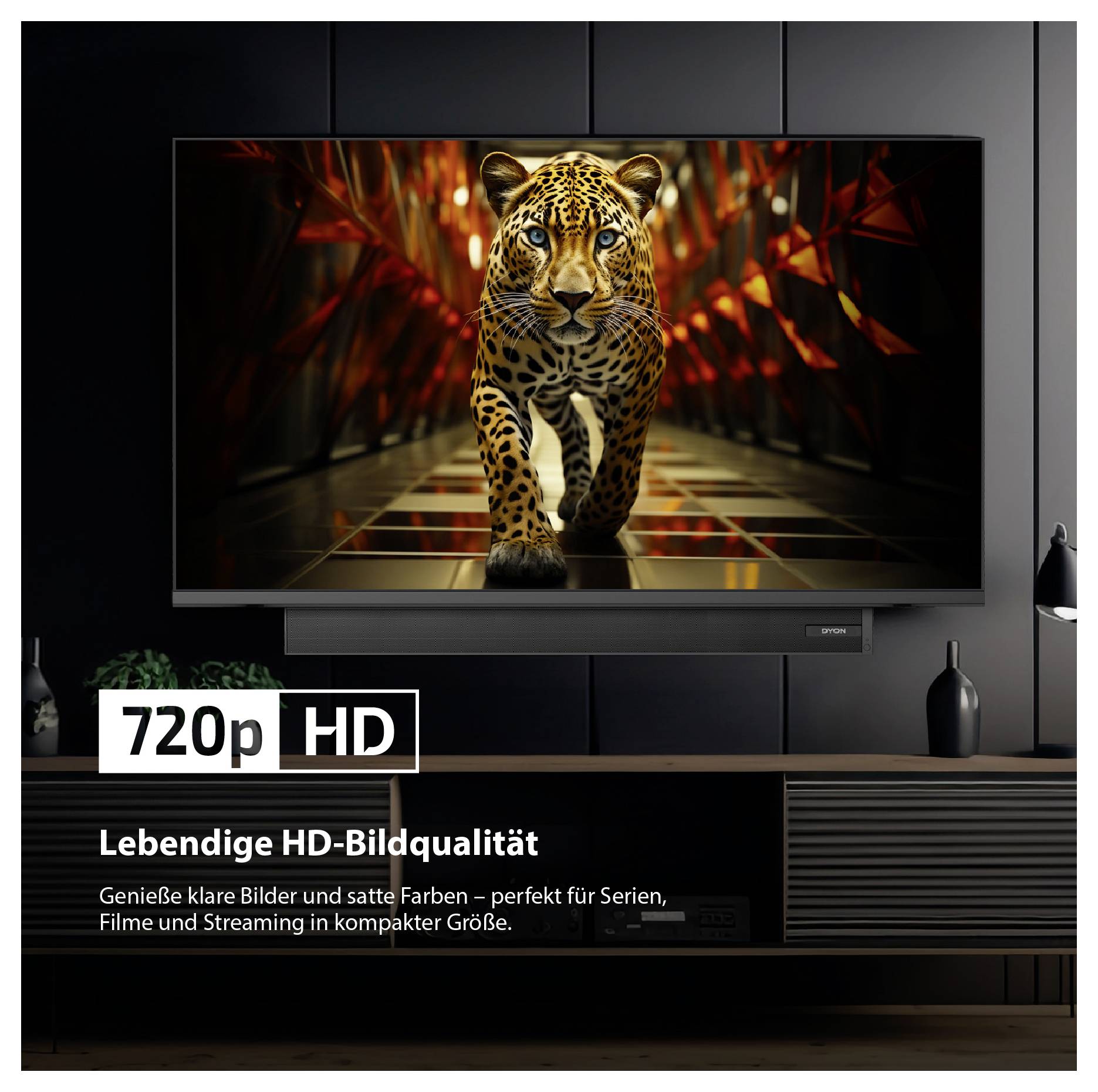 Reklama na 720p-HD-televizor s leopardem v obrázku; Text: 'Živá HD-kvalita obrazu' a upozornění na jasné obrázky a sytené barvy pro streamování.