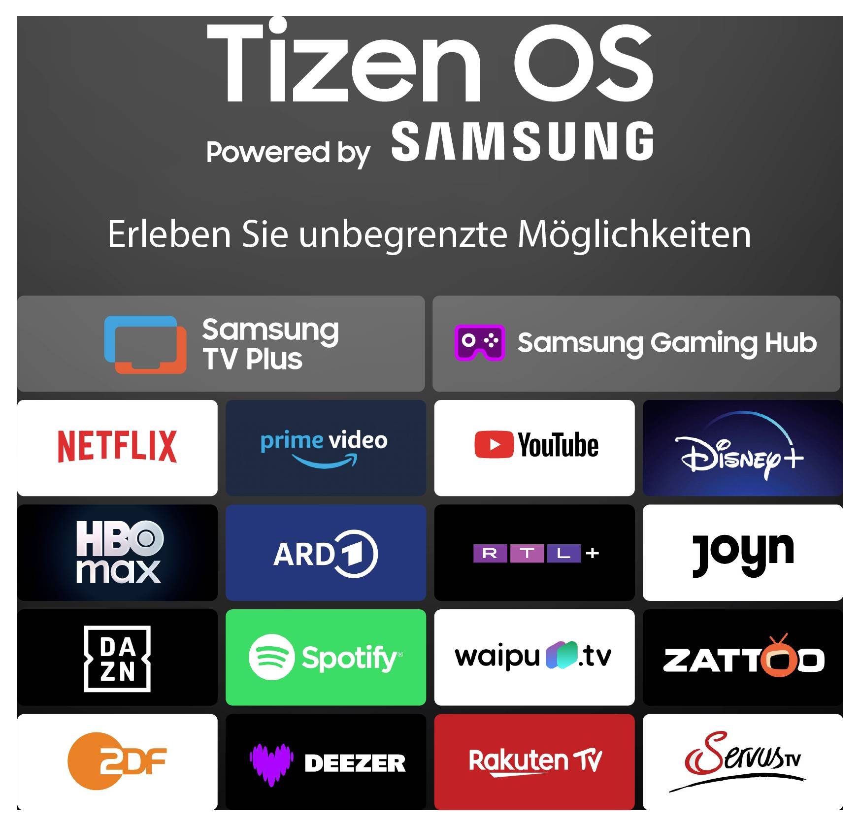 Přehled reklamy pro Tizen OS od Samsungu s textem "Zažijte neomezené možnosti" a dlaždicemi pro aplikace TV a streamování jako Netflix, Prime Video, YouTube, Disney+, Spotify a ZDF.