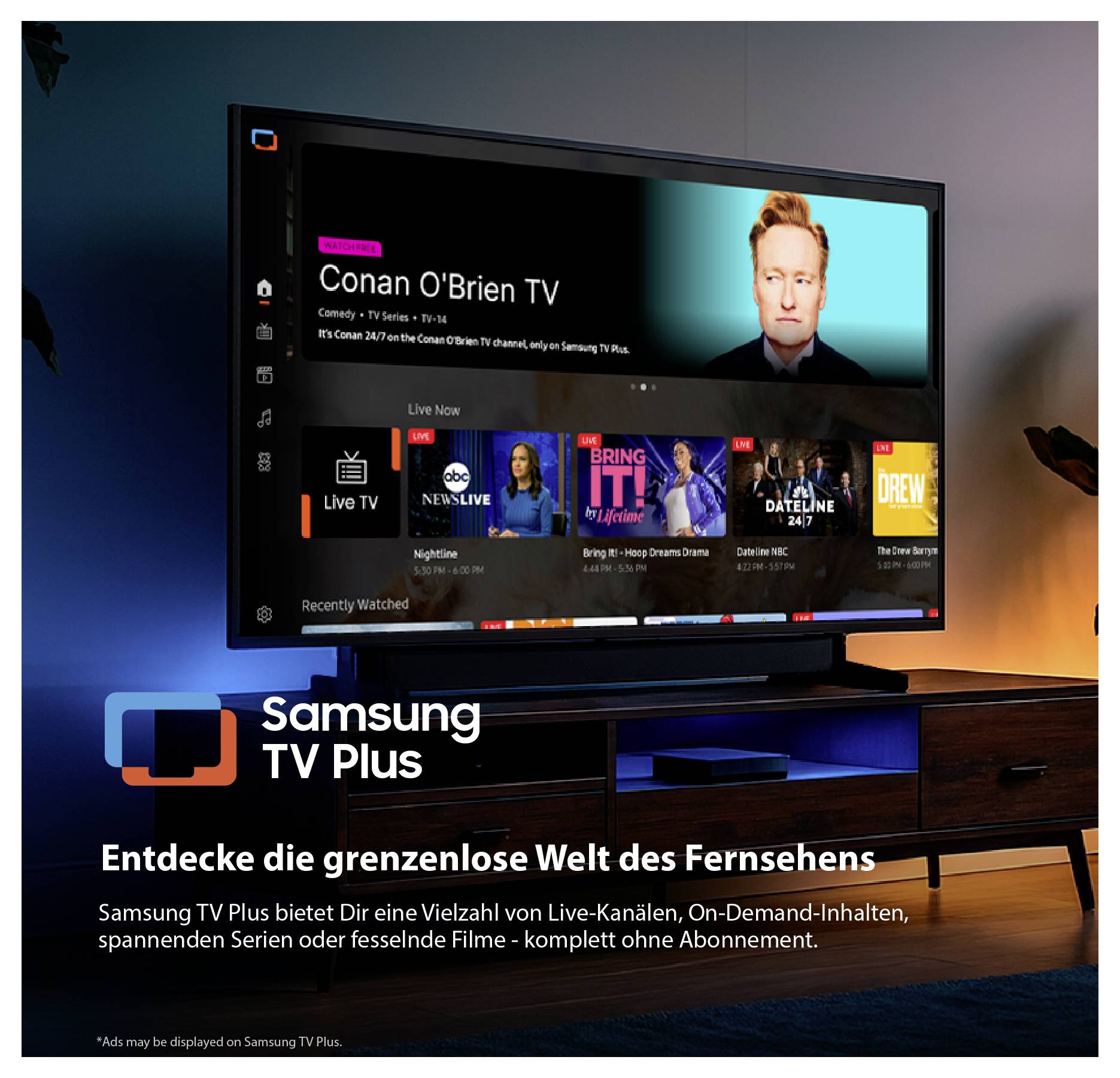 Reklamní plakát pro Samsung TV Plus: Smart TV se streamovacím rozhraním a kanálem "Conan O'Brien TV"; text propaguje živé kanály, obsah na vyžádání a filmy bez předplatného.