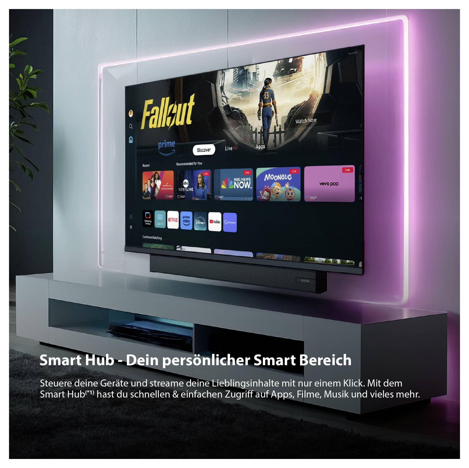 Reklama na Smart TV s Smart Hub: Televizor zobrazuje streamovací rozhraní; Text: 'Smart Hub - Tvoje osobní chytrá oblast' a upozornění na rychlý přístup k aplikacím, filmům a hudbě.