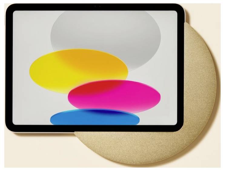 Tablet nebo obrazovka přenosného počítače zobrazující překrývající se barevné ovály – šedý, žlutý, růžový a modrý – na béžovém pozadí se zlatým kruhovým tvarem za ním.