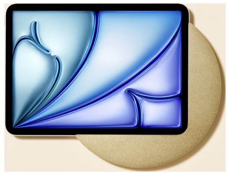 Abstraktní modrá a fialová digitální umělecká práce na obrazovce podobné tabletu s zakřivenými vrstvitými tvary přes béžové kruhové pozadí.