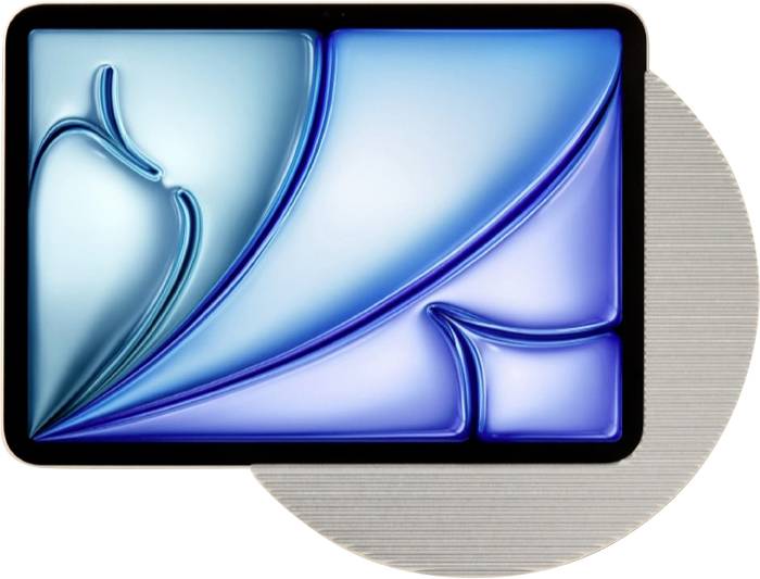 Abstraktní modrá grafika podobná sklu s vůlmi zakřivenými vrstvitými tvary uvnitř zakulaceného černého obdélníku přes šedý kruhový pozadí.