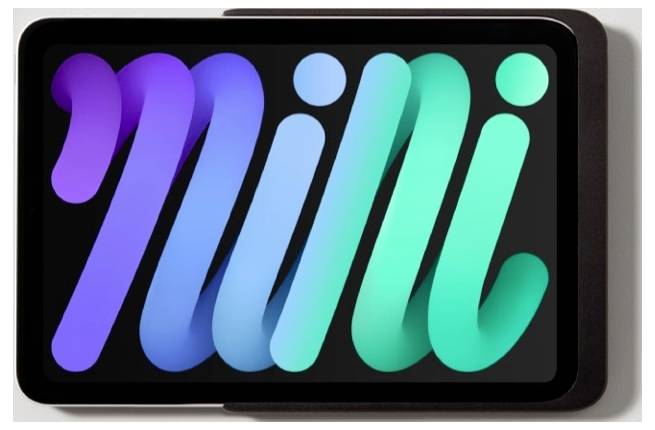 Obrazovka chytrého telefonu zobrazující barevné abstraktní logo "mi" v purpurové, modré a zelené barvě na tmavém pozadí.