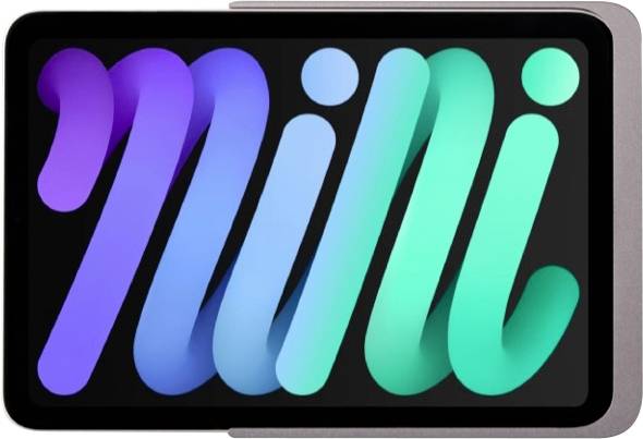 Tablet zobrazující barevné abstraktní logo 'mi' na černé obrazovce s fialovými, modrými a tmavozelenými gradientními tahy.