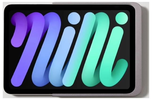Tablet zobrazující barevné stylizované logo "mi" na černé obrazovce