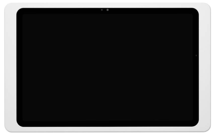 Černobílý tablet nebo displej se stříbrným rámem, zobrazený zepředu a vypnutý.