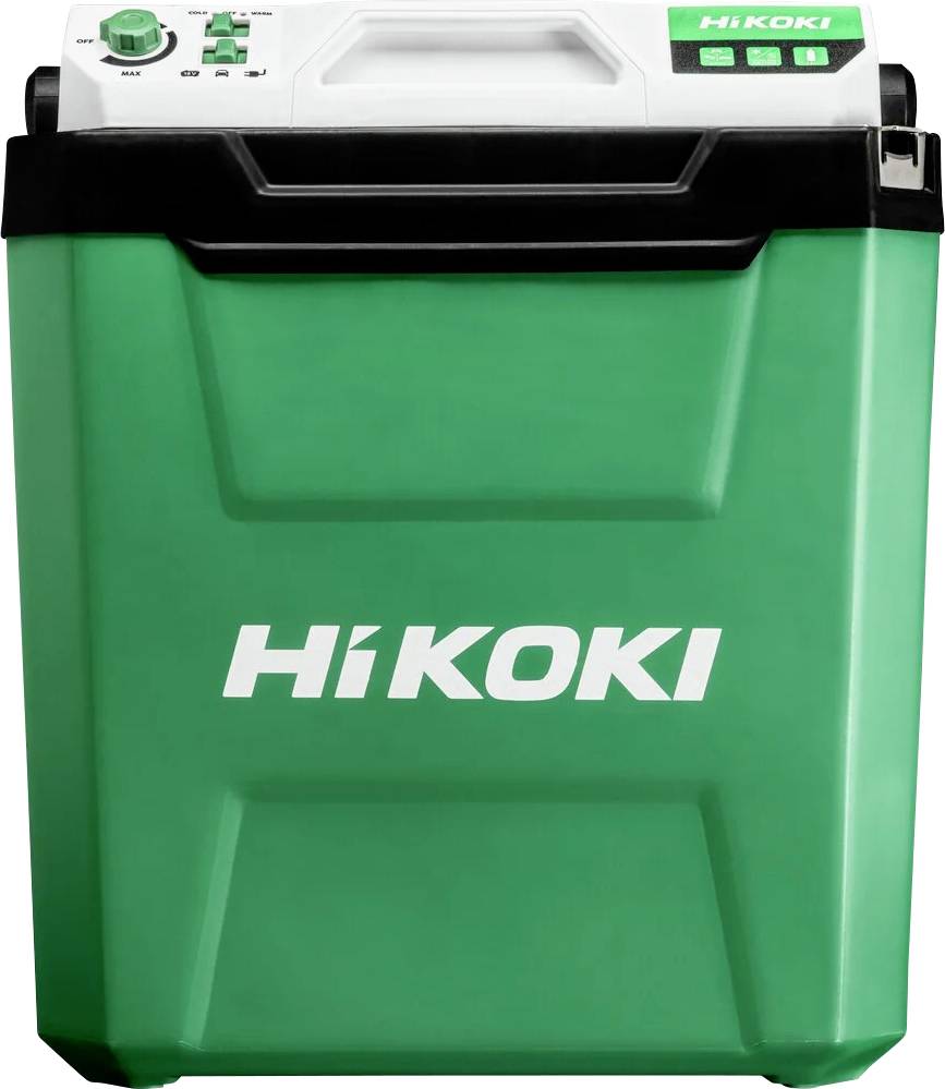 Zelený přenosný chladící box nebo úložná krabice HiKOKI s černým víkem a bílou rukojetí na neutrálním pozadí.