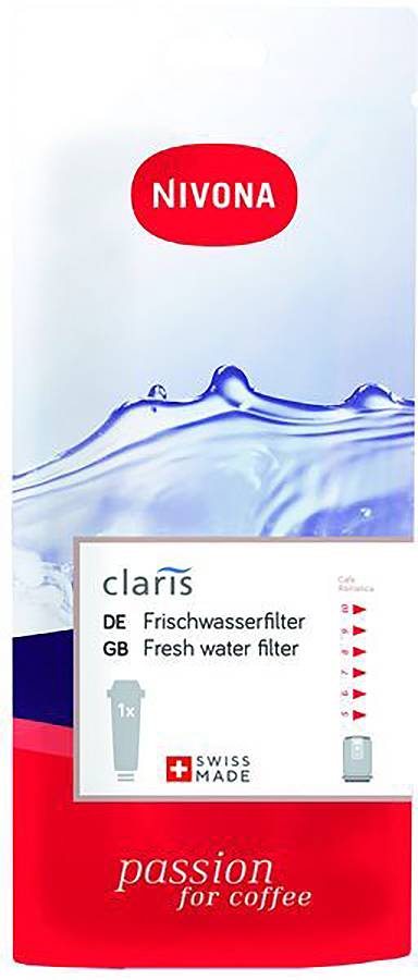 Balení vodního filtru kávovaru Nivona zobrazující čerstvý vodní filtr Claris, švýcarská výroba, s branding "vášeň pro kávu".