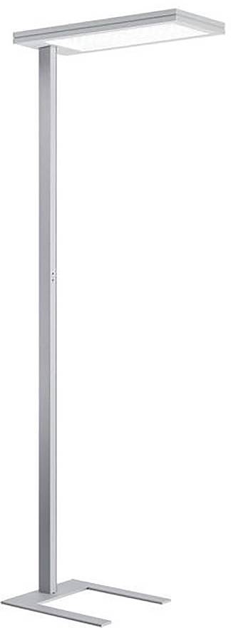 Vysoká stříbrná stojací lampa s obdélníkovým stropním světlem a štíhlou vertikální tyčí na kovové základně.