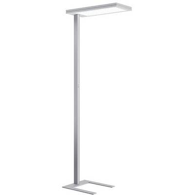 Vysoká stříbrná stojací lampa s obdélníkovým stropním světlem a štíhlou vertikální tyčí na kovové základně.