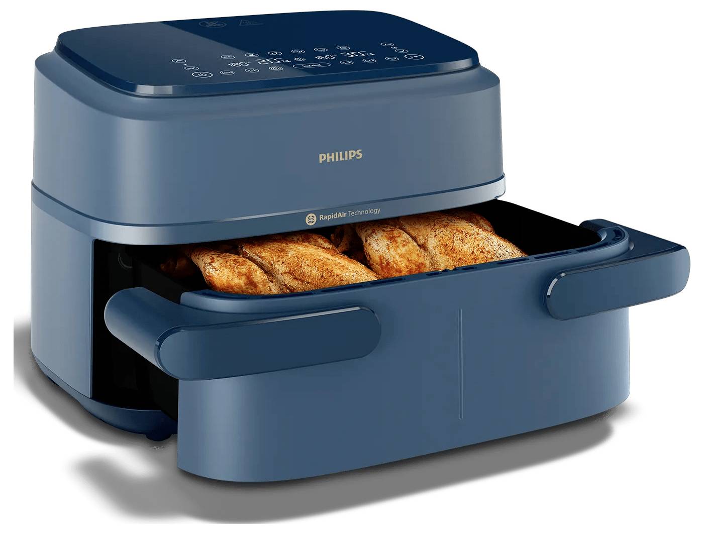 Modrý Philips fritér na vzduch s vytahovacím košem obsahujícím uvařené kousky kuřecího masa, zobrazený otevřený na bílém pozadí.