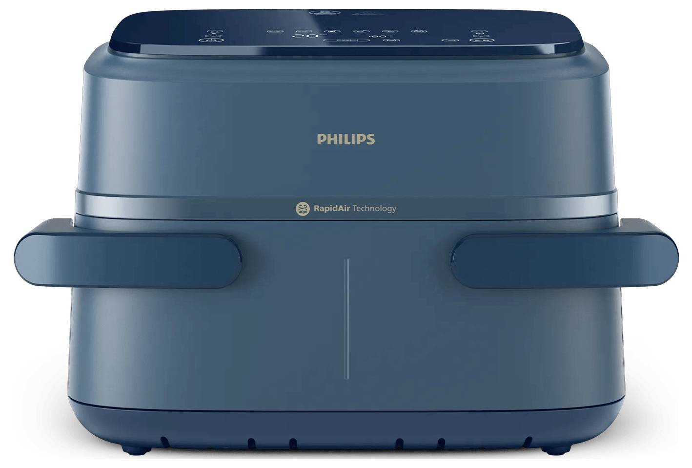 Modrý Philips fritér s vrstvením vzduchu se dvěma bočními rukovětmi zobrazen na bílém pozadí.