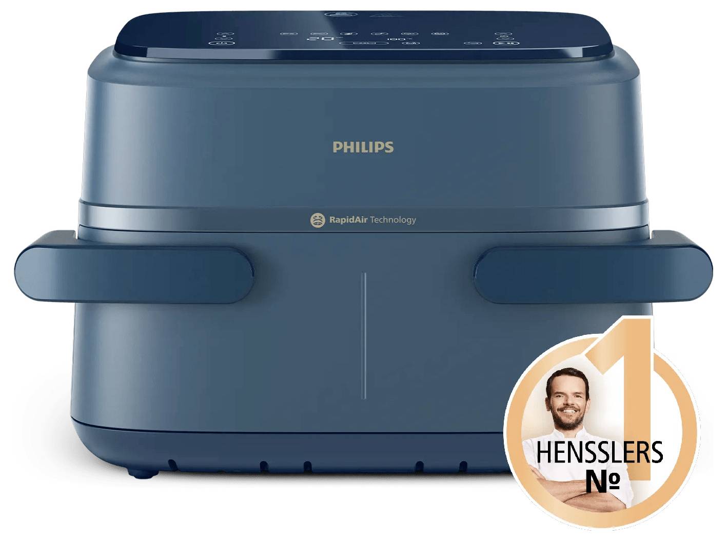 Modrý Philips fritovací přístroj s technologií 'Rapid Air Technology' zobrazený zepředu na bílém pozadí s malou identifikační značkou 'HENSSLERS No 1' v pravém dolním rohu.