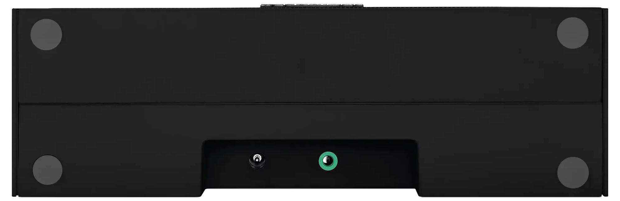 Přední panel černého obdélníkového elektronického zařízení se čtyřmi kruhy v rozích a centrální oblastí stavového světla/tlačítka ve spodním středu.