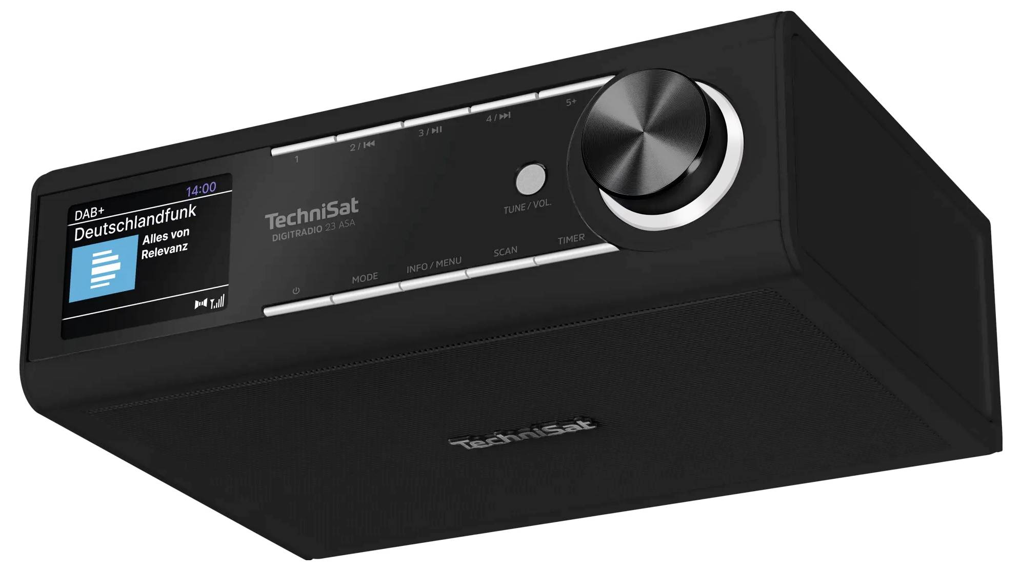 Černé rádio Technisat DAB s digitálním displejem zobrazujícím Deutschlandfunk a velkým ovladačem hlasitosti na pravé straně.