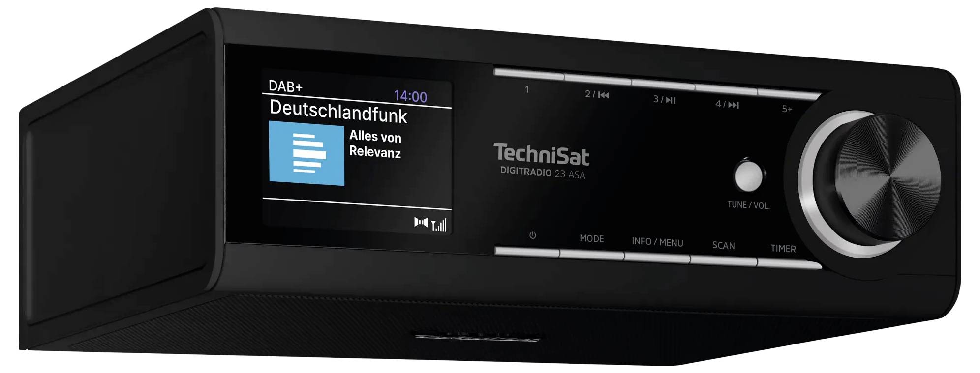 Černé digitální rádio Technisat s displejem zobrazujícím DAB+ 'Deutschlandfunk' a 'Alles von Relevanz', plus velký ovladač hlasitosti.