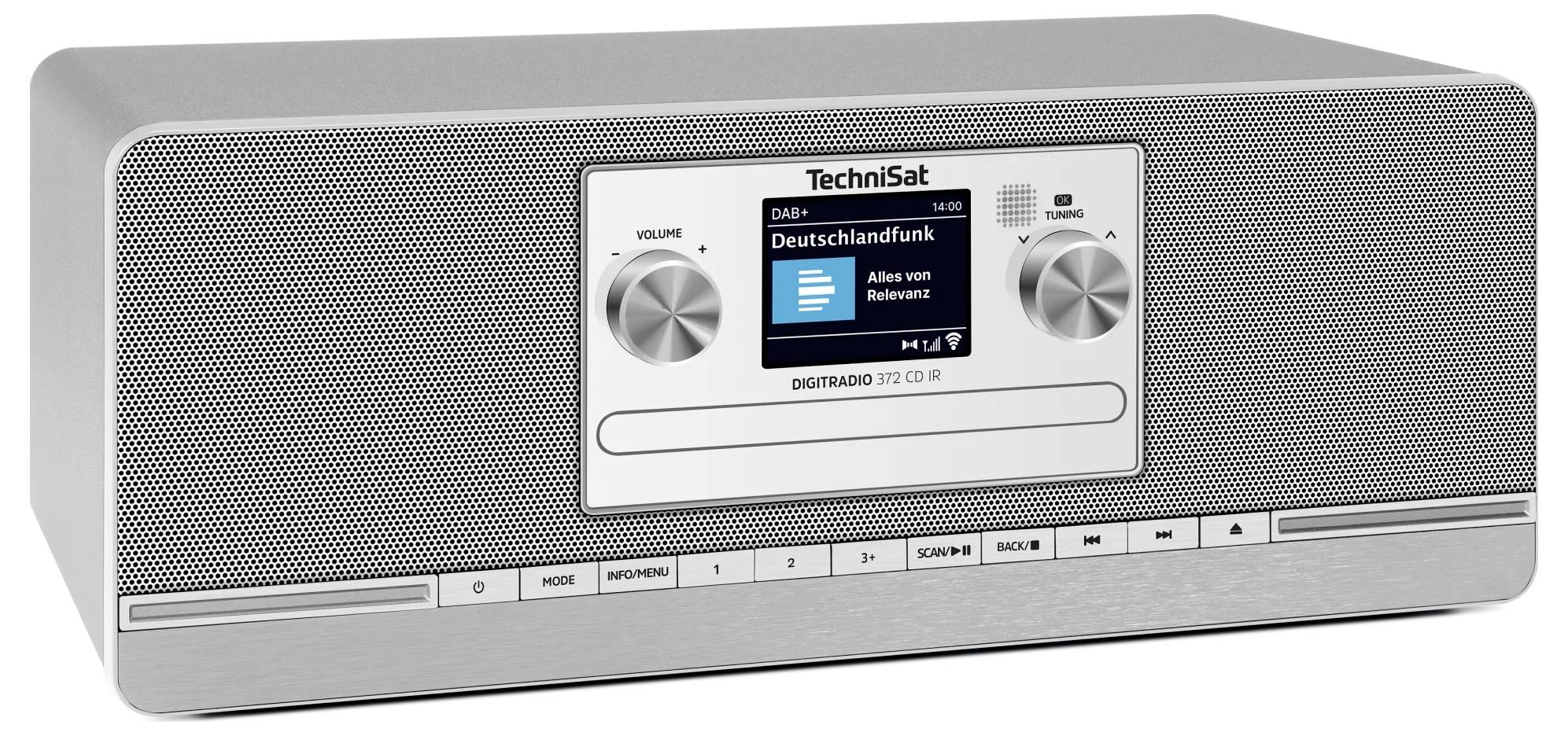 Stříbrné digitální rádio Technisat se dvěma ovládacími knoflíky, centrálním displejem a tlačítky na přední straně na bílém pozadí.
