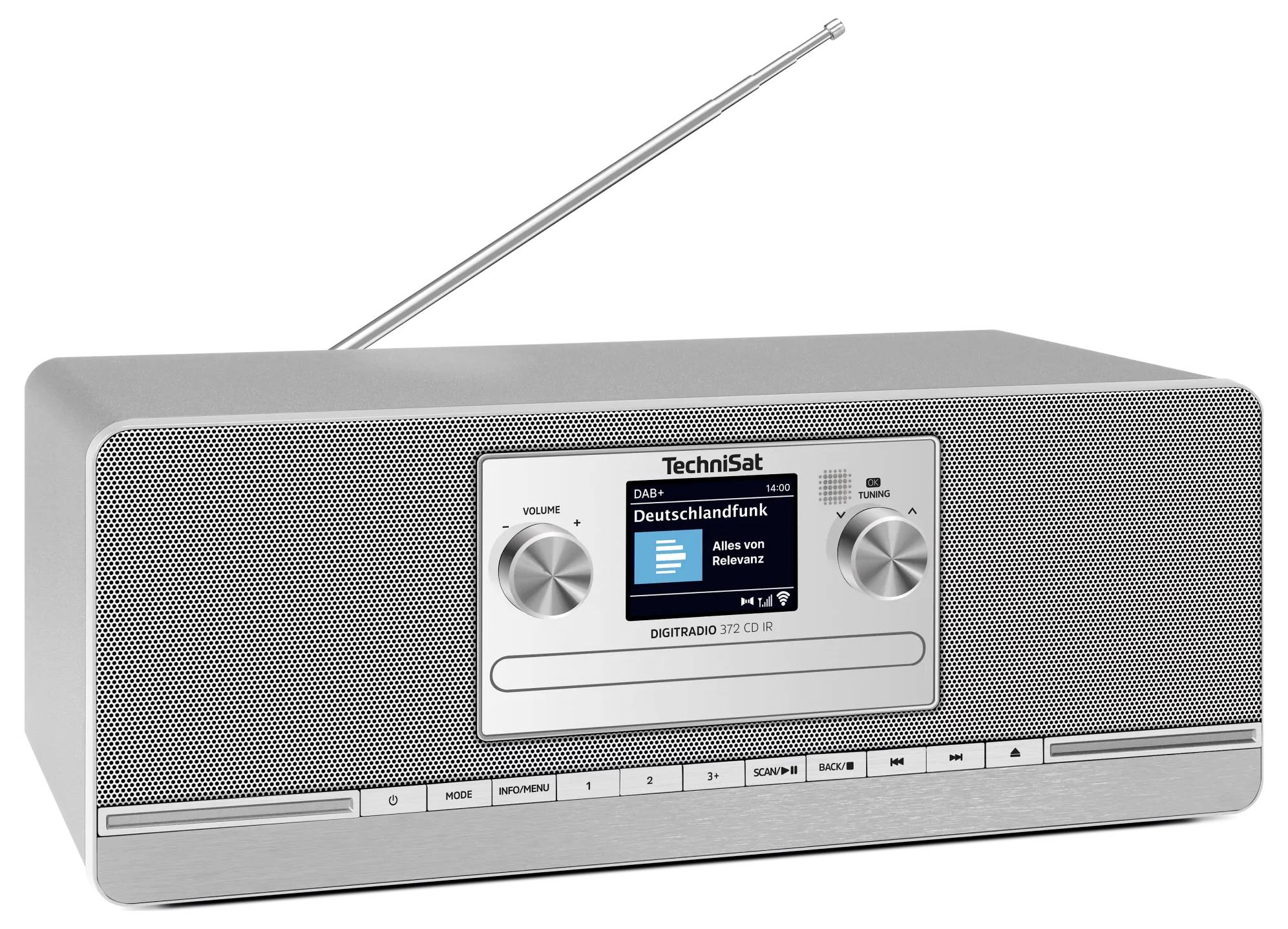 Stříbrné rádio TechniSat s anténou, přední reproduktorovou maskou, centrálním displejem zobrazujícím „Deutschlandfunk" a dvěma ovládacími knoflíky.