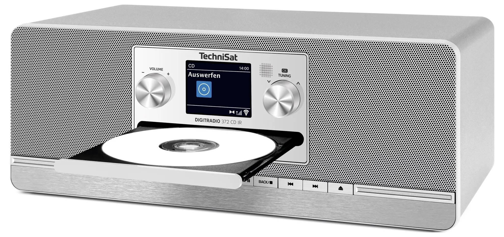 Stříbrné digitální rádio TechniSat s otevřenou přední zásuvkou na CD a vloženým diskem, zobrazující displej, regulátory hlasitosti a ladění a ovládací prvky přehrávání.