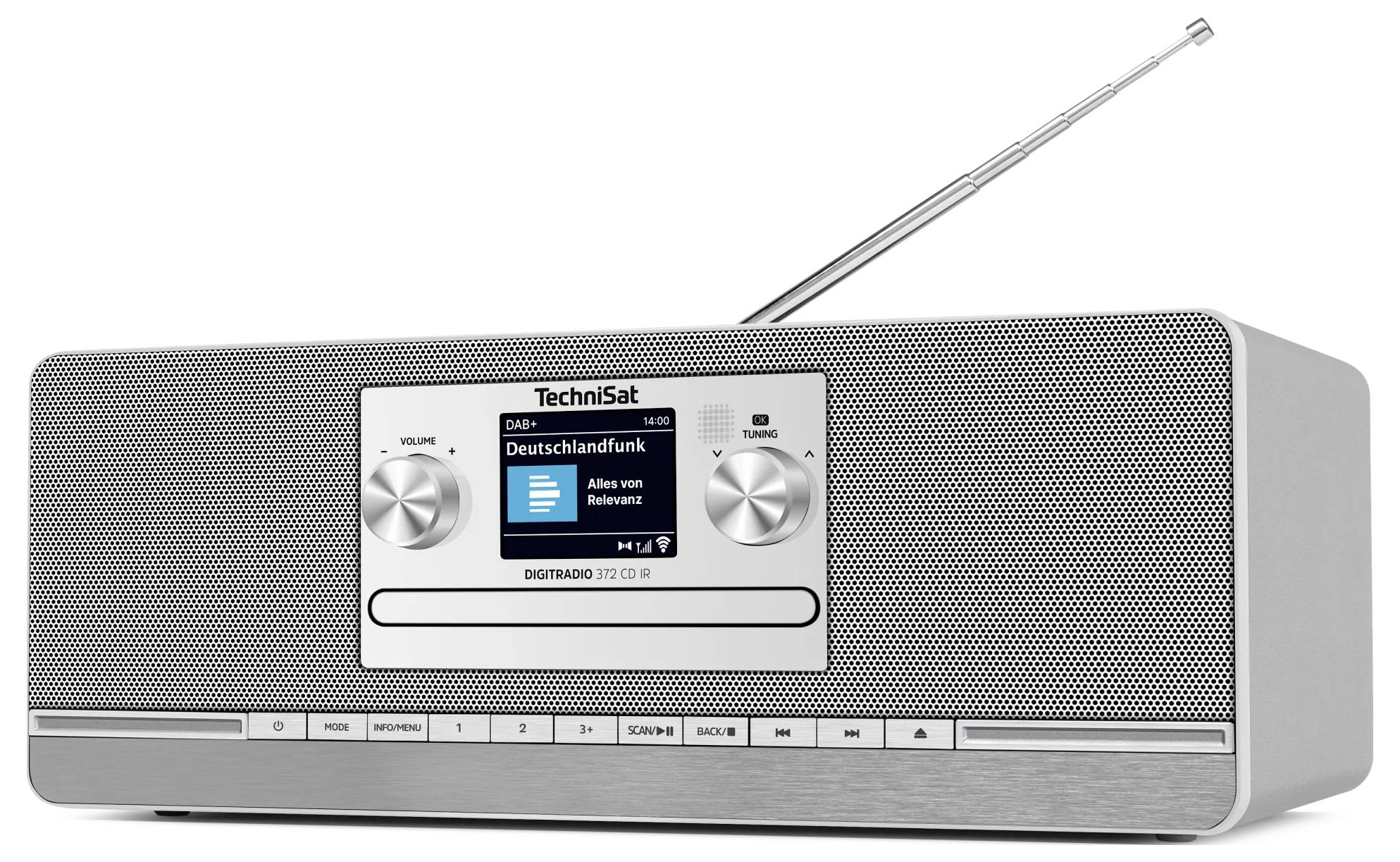 Stříbrný digitální rádio Technisat s anténou, přední mřížkou reproduktoru, displejem zobrazujícím "Deutschlandfunk" a dvěma ovládacími knoflíky.