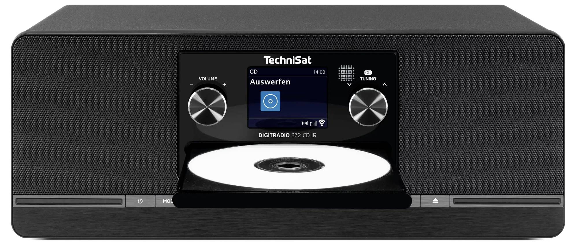 Přední pohled na černý digitální CD rádio TechniSat s displejem, dvěma ovládacími knoflíky a vloženým diskem na otevřeném podavači.