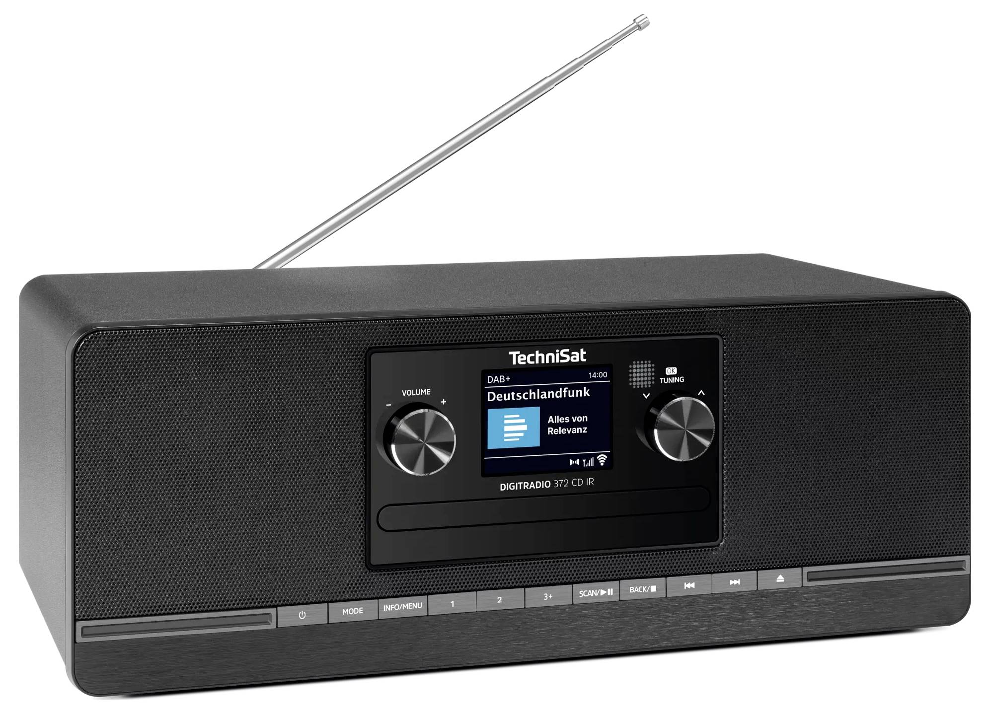 Černé stolní rádio TechniSat s výsuvnou anténou, centrálním displejem a ovládacími knoflíky pro ladění a hlasitost na bílém pozadí.