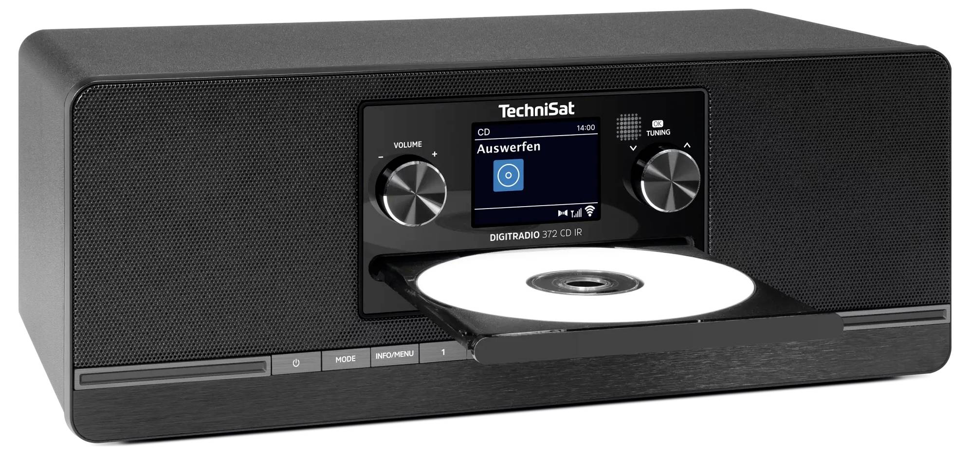 Černý reproduktorový systém s CD rádiem TechniSat s přední displejem a ovládacími otočnými tlačítky, s diskem částečně vysunutým ze slotu na CD.