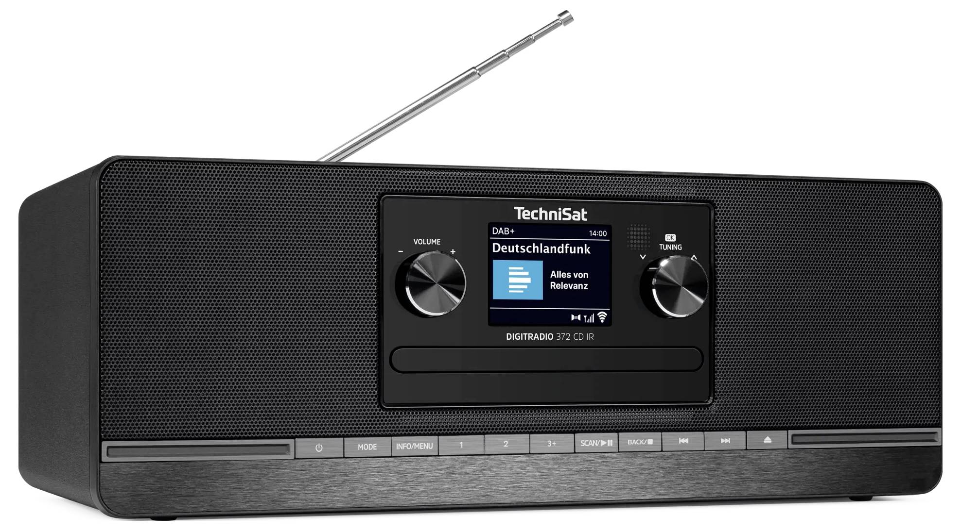 Černé digitální rádio TechniSat s teleskopickou anténou, přední displej zobrazující DAB+ 'Deutschlandfunk' a ovládací knoflíky.