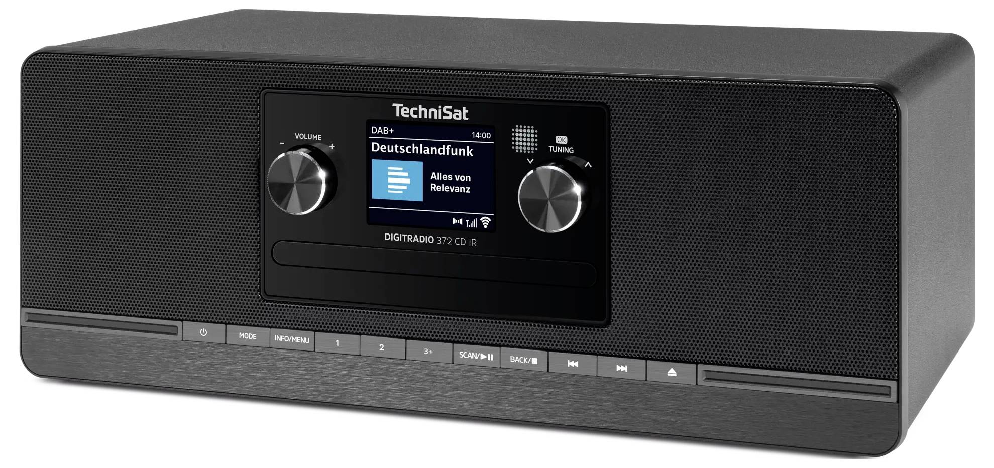 Černé stolní rádio TechniSat s digitálním displejem, dvěma ovládacími knoflíky, mřížkami reproduktoru a tlačítky pro předvolby