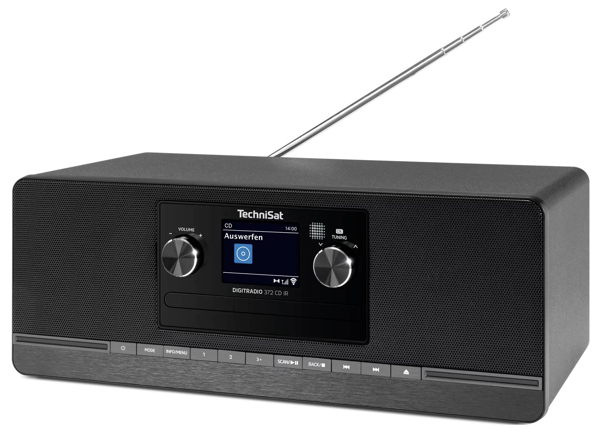 Černé digitální rádio Technisat s displejem, anténou a ovládacími knoflíky na bílém pozadí.