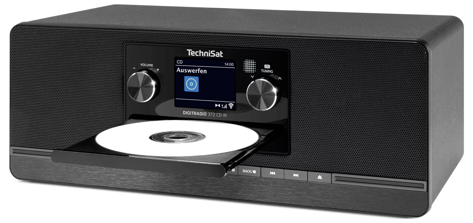 Černý CD přijímač TechniSat s displejem a dvěma ovládacími knoflíky, zobrazující disk částečně vysunutý z přední přihrádky.