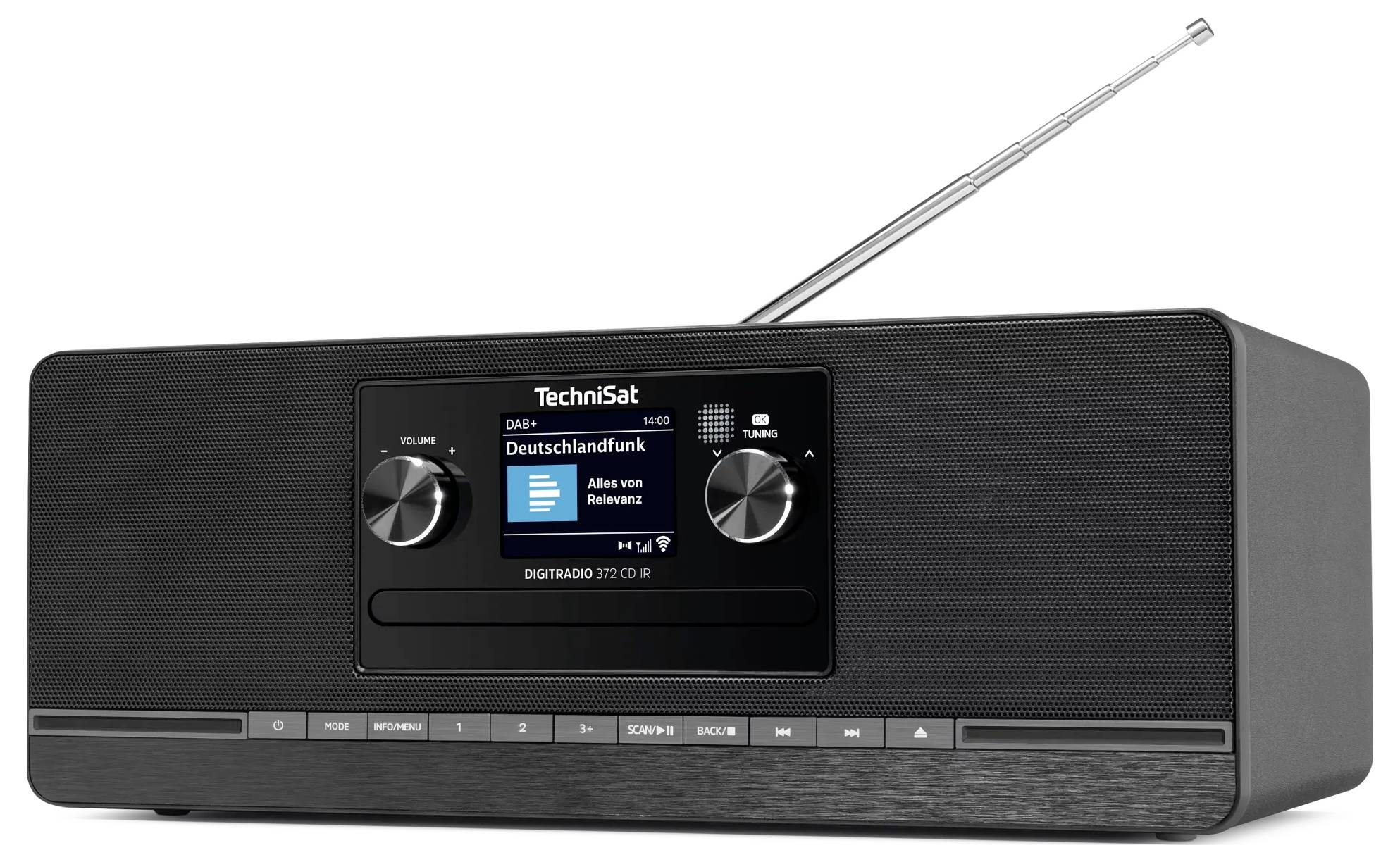 Černé stolní digitální rádio TechniSat s displejem, anténou a ovládacími tlačítky na bílém pozadí.
