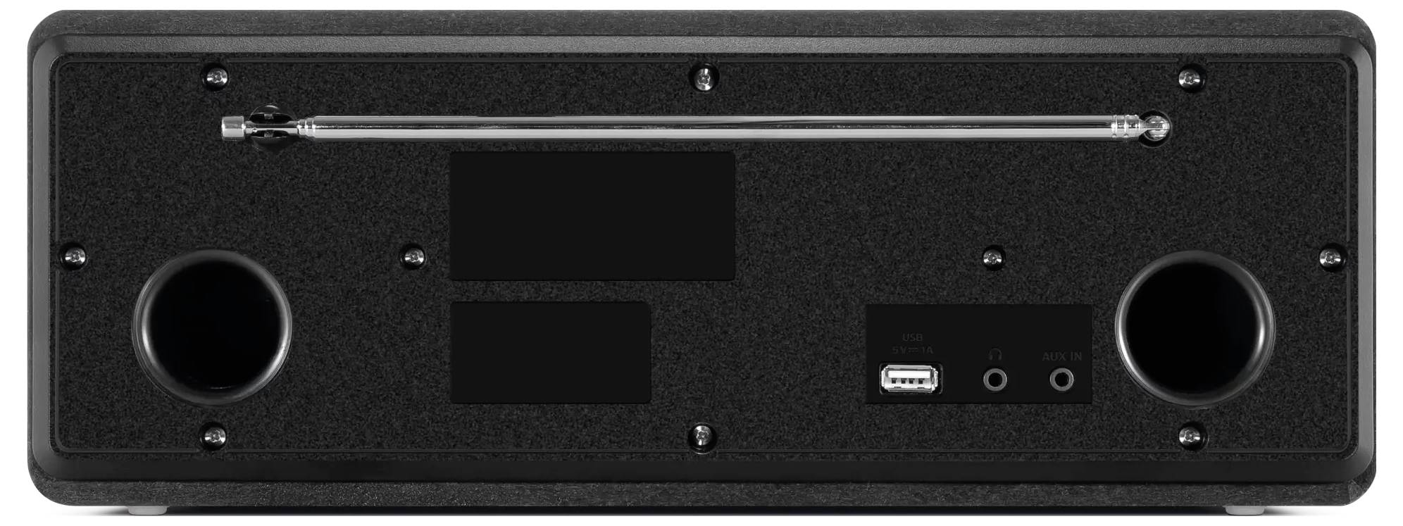 Černý obdélníkový přenosný reproduktor nebo přední panel rádia se dvěma kulatými reproduktorovými otvory, portem USB a dvěma audio jacky na pravé straně.
