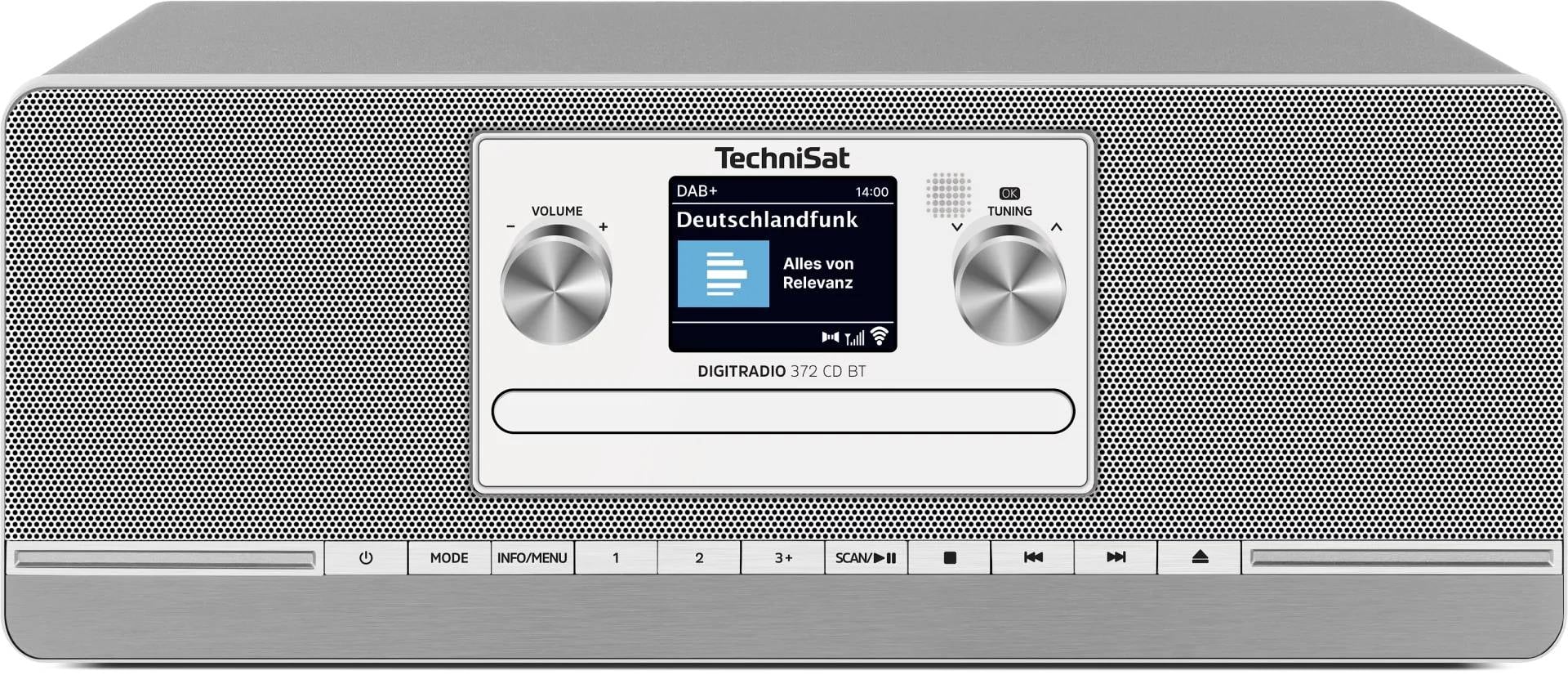 Přední pohled na stříbrný digitální rádio TechniSat s displejem zobrazujícím „Deutschlandfunk" a tlačítky pro hlasitost, ladění, režim a předvolby.
