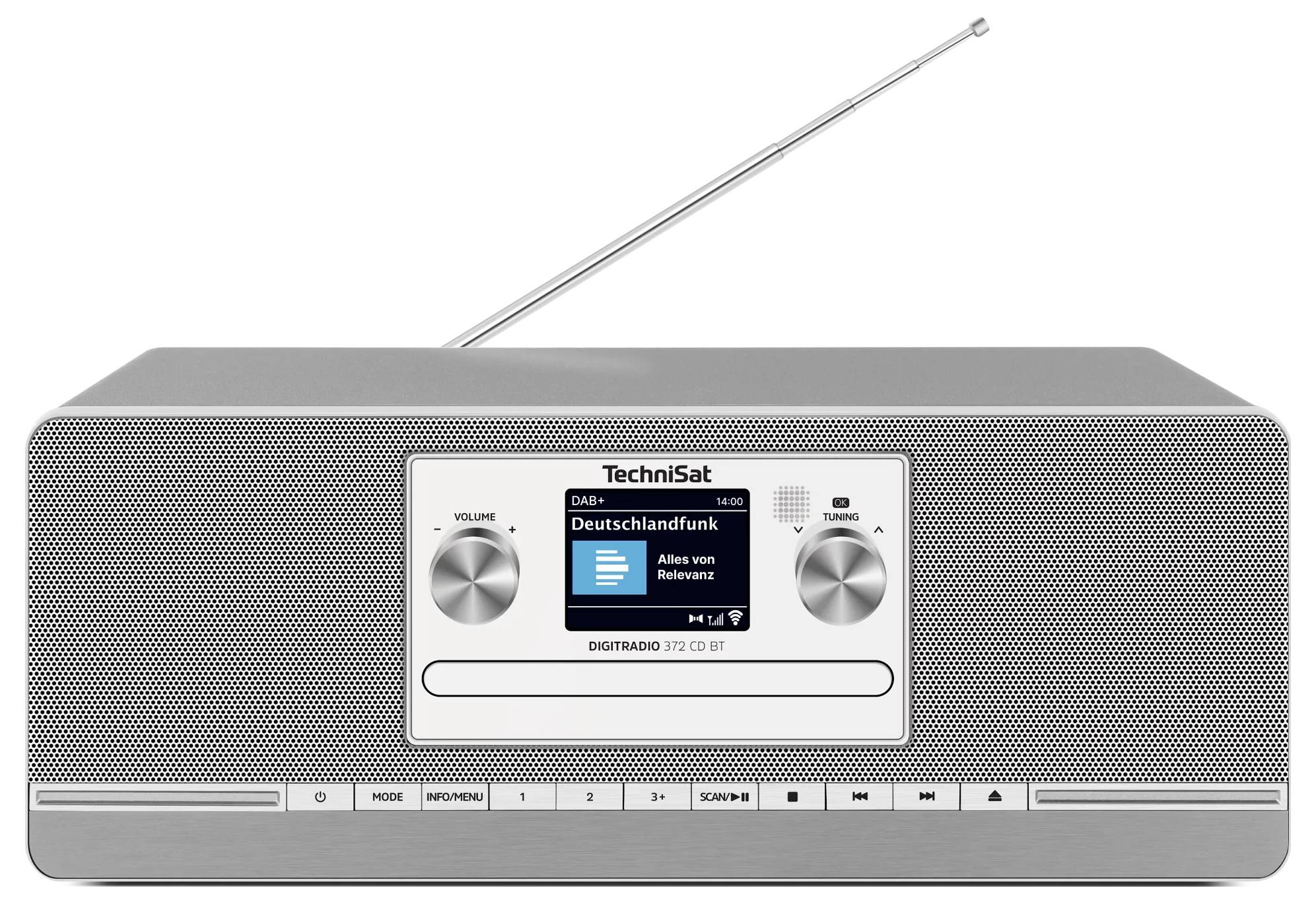 Stříbrné stolní rádio TechniSat s teleskopickou anténou, centrálním displejem, dvěma ovládacími knoflíky a přední mřížkou reproduktoru.