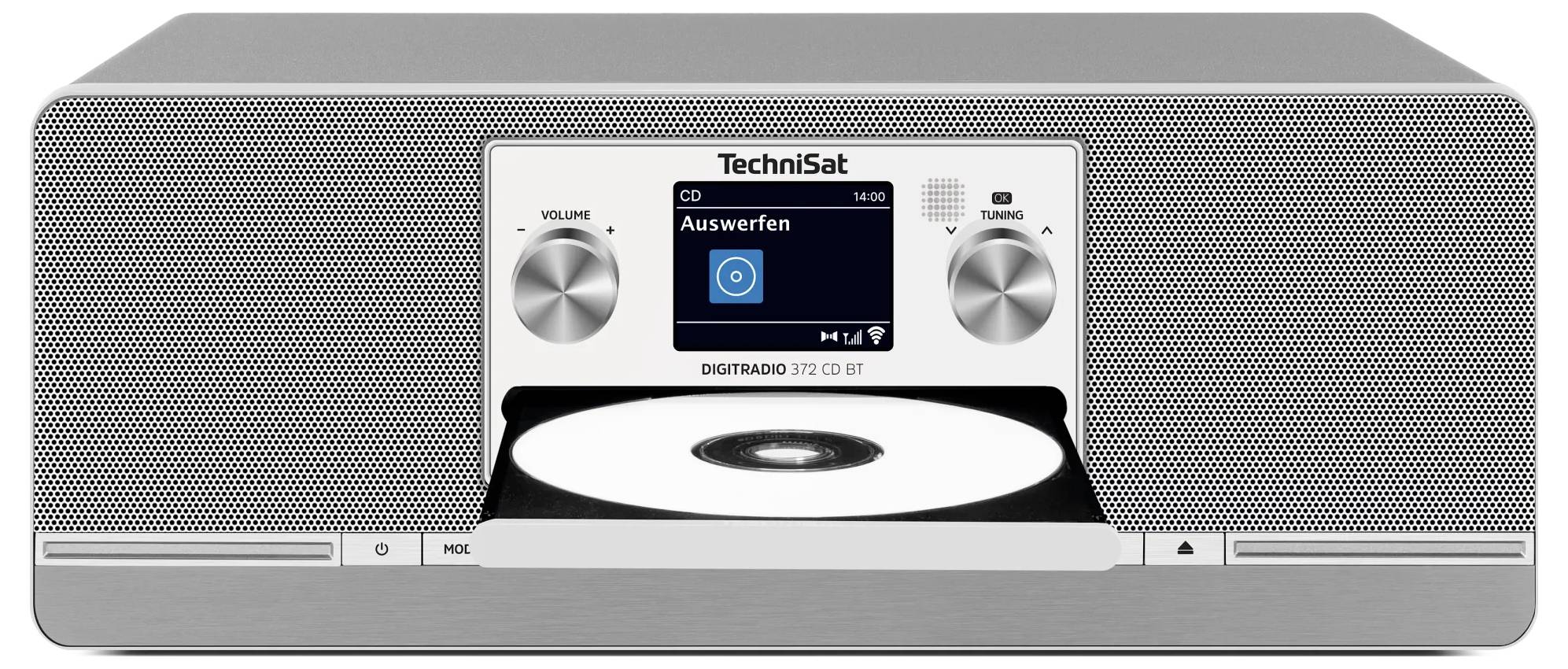 Přední pohled na stříbrný digitální rádio TechniSat s přehrávačem CD, zobrazující otevřený disk v centrálním slotu a malý displej označený 'Auswerfen'.