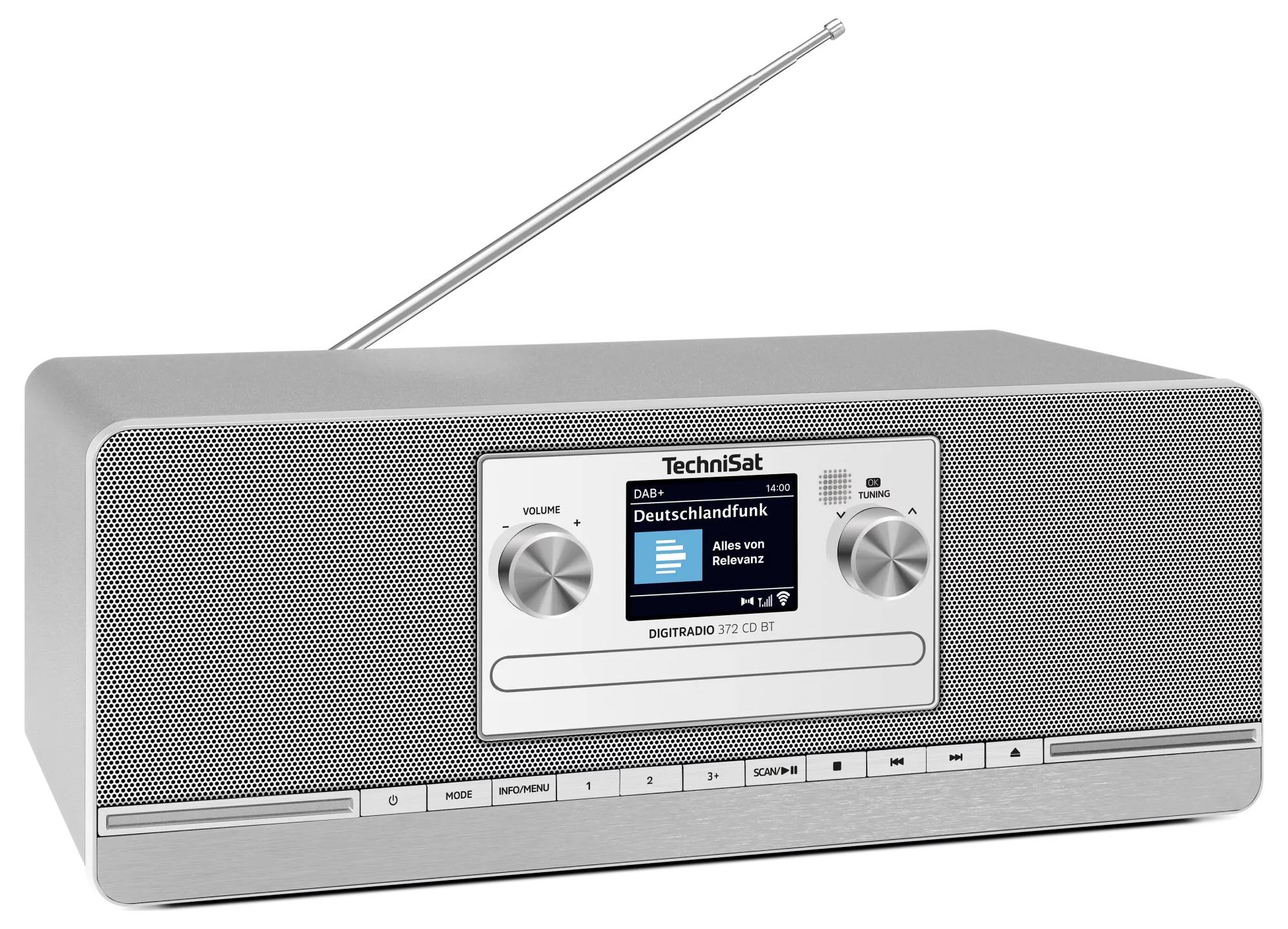 Stříbrný stolní digitální rádio s teleskopickou anténou a předním displejem zobrazujícím informace o stanici Technisat a Deutschlandfunk.