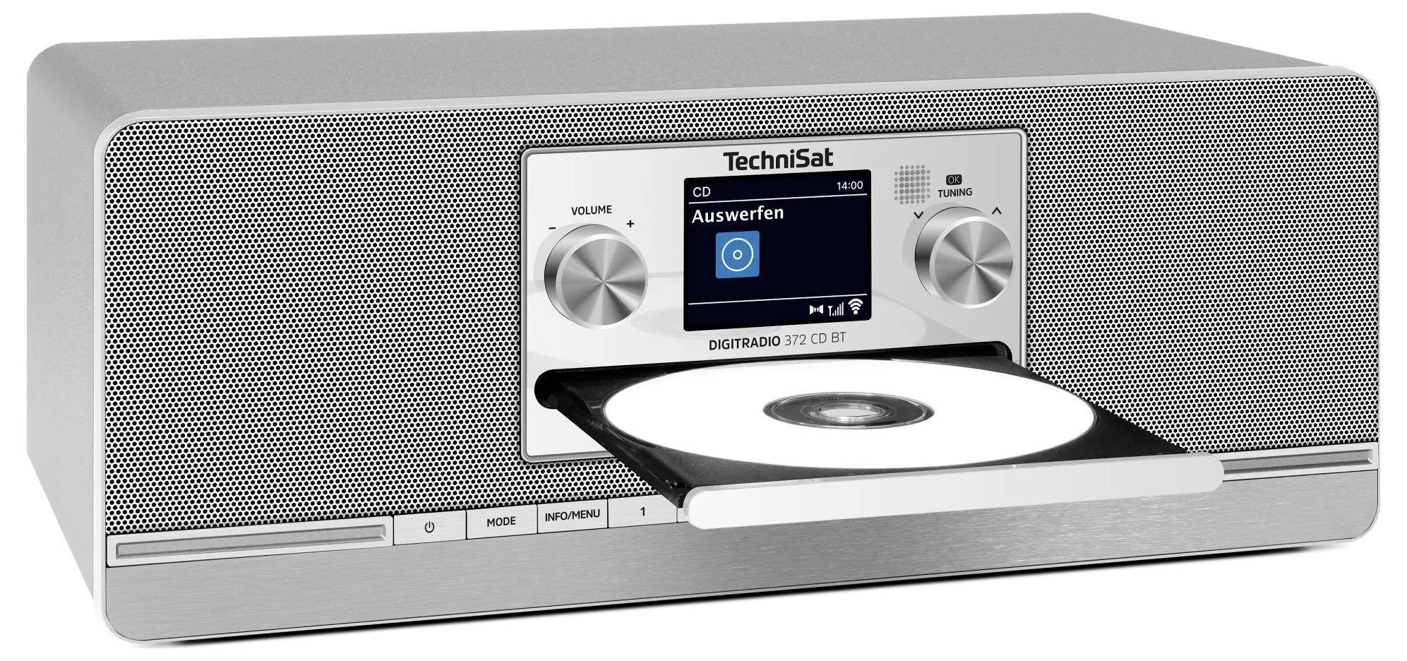 Stříbrné rádio CD Technisat s otevřeným přední CD mechanismem, malým displejem a dvěma ovládacími knoflíky na šedé reproduktorové mřížce.