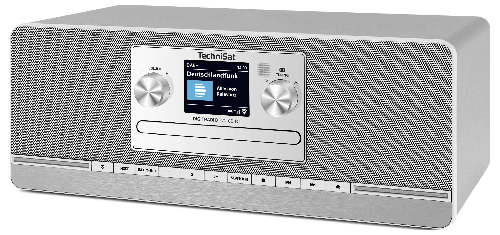 Stříbrný digitální rádio TechniSat s předním displejem zobrazujícím 'Deutschlandfunk', dvěma ovládacími knoflíky a číslovanými tlačítky předvoleb.