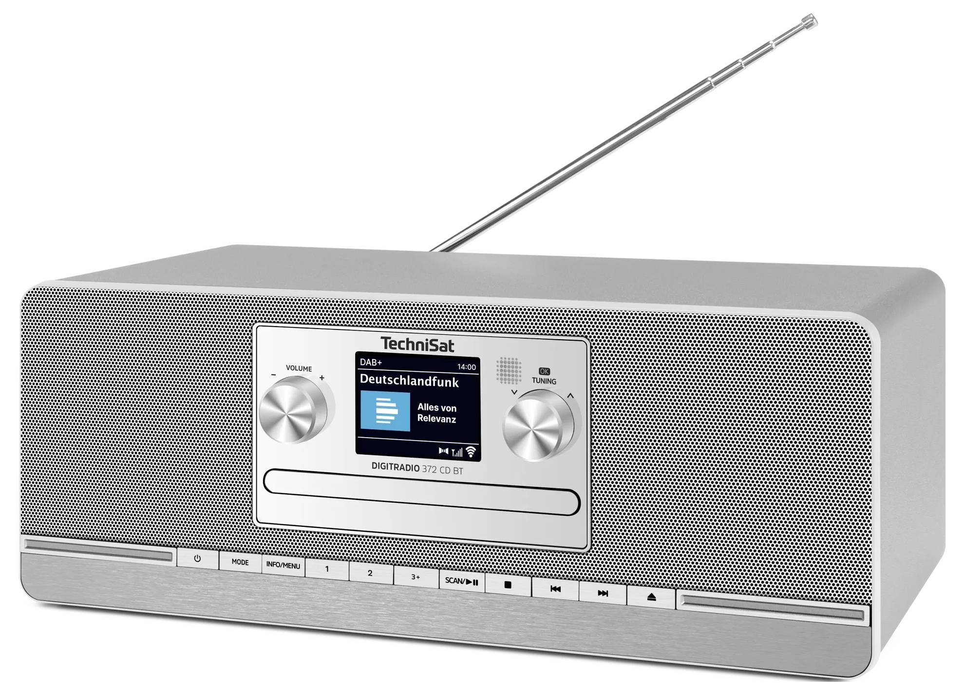Stříbrné stolní rádio TechniSat s vysuvnou anténou, přední reproduktorovou mřížkou, LCD displejem a ovládacími knoflíky.